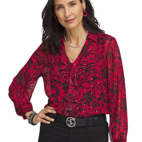 Chico's NWT Red Chiffon Ruffle Neck Shimmer V-Neck Long Sleeve Blouse Size 16 - Picture 1 of 11